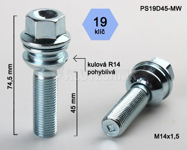 Kolový šroub M14 x 1,5 x 45mm, dosedací plocha koule R14 pohyblivá, klíč 19, pozink