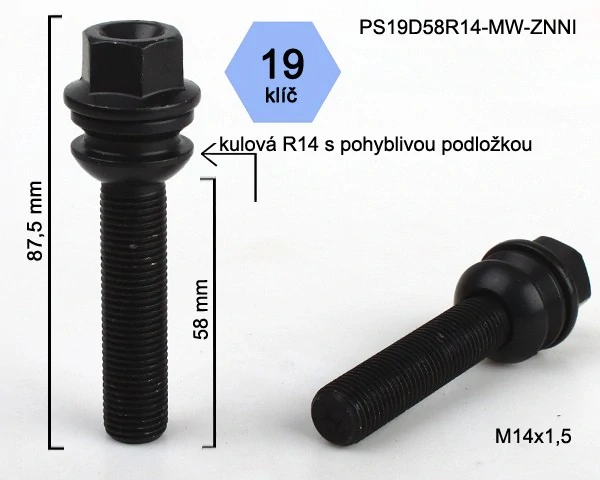 Kolový šroub M14 x 1,5x58mm, dosedací plocha koule R14 pohyblivá, klíč 19, pozink černý