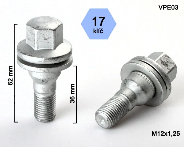 Kolový šroub M12x1,25x36mm, plochá podložka, klíč 17, pozink