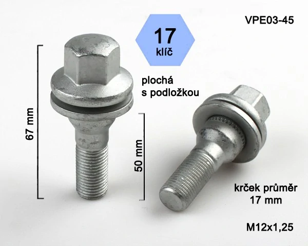 Kolový šroub M12x1,25x45mm, plochá podložka, klíč 17, pozink