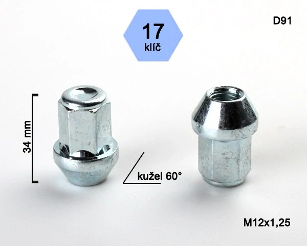 Kolová matice M12x1,25mm, dosedací plocha kužel, zavřená, klíč 17, pozink