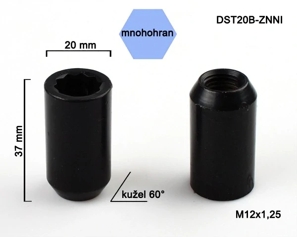 Kolová matice M12x1,25, kužel s vnitřním mnohohranem, průměr 20, černý pozink