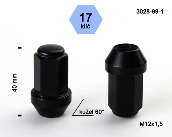 Kolová matice M12x1,5mm, dosedací plocha kužel odlehčená, klíč 17, černý hliník