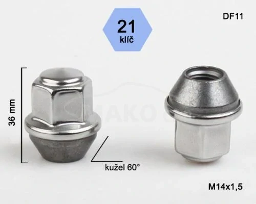 Kolová matice M14x1,5, Ford, Tesla kužel, pohyblivá, nerezová krytka, klíč 21, pozink