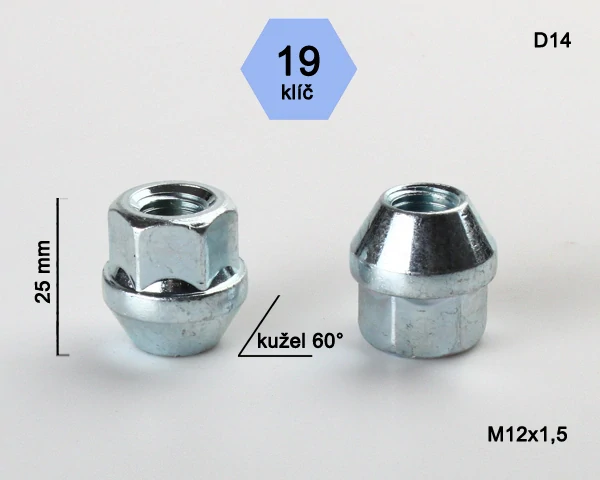 Kolová matice M12 x 1,5mm, dosedací plocha kužel, otevřená, klíč 19, pozink
