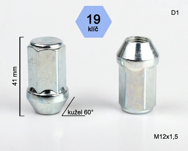 Kolová matice M12x1,5mm, kužel, zavřená prodloužená, klíč 19, pozink