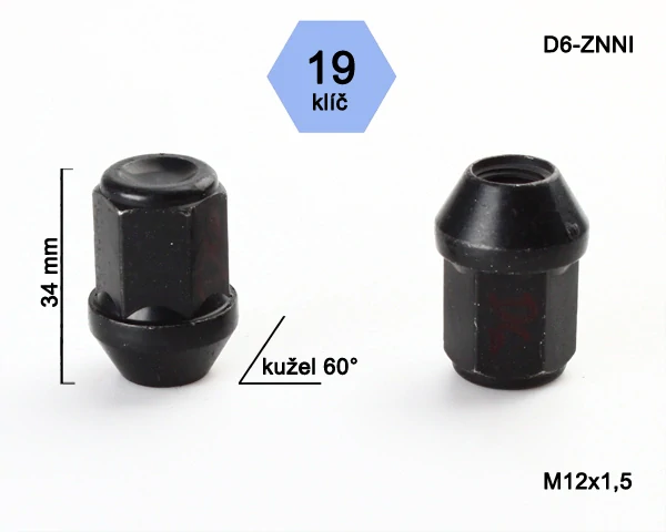 Kolová matice M12x1,5mm, dosedací plocha kužel, zavřená, klíč 19, černý pozink