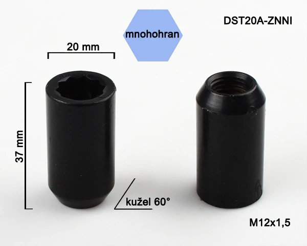 Kolová matice M12x1,5, kužel s vnitřním mnohohranem, průměr 20, černý pozink