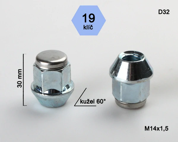 Kolová matice M14x1,5mm, dosedací plocha kužel, nerez víčko, klíč 19, pozink