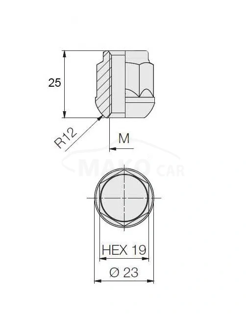 Kolová matice M12x1,5mm, dosedací plocha koule R12, klíč 19, pozink