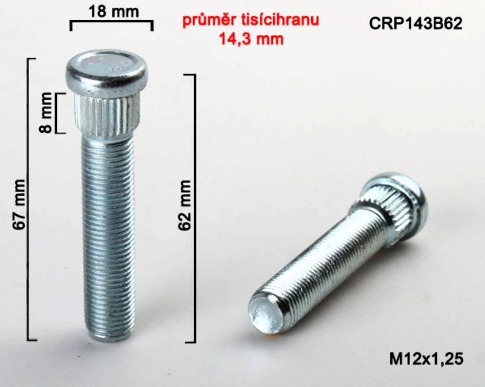 Kolový Svorník M12x1,25x62mm, průměr tisicíhranu 14,3mm