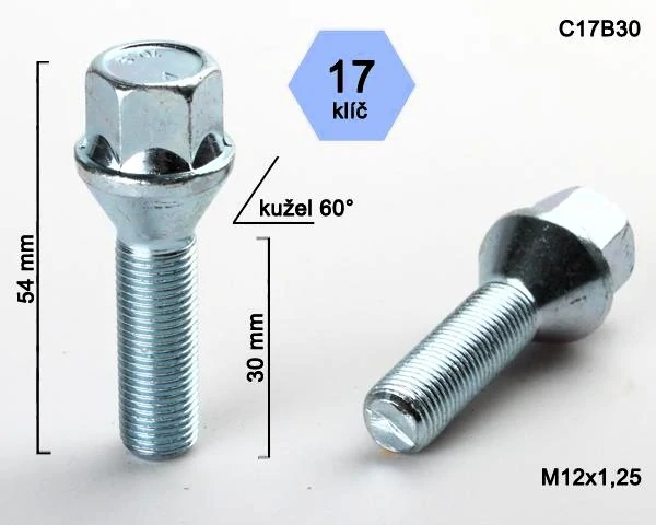 Kolový šroub M12x1,25x30mm, dosedací plocha kužel, klíč 17, pozink
