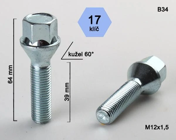 Kolový šroub M12x1,5x39mm, dosedací plocha kužel, klíč 17, pozink