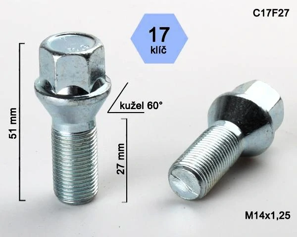 Kolový šroub M14x1,25x27mm, dosedací plocha kužel, klíč 17, pozink