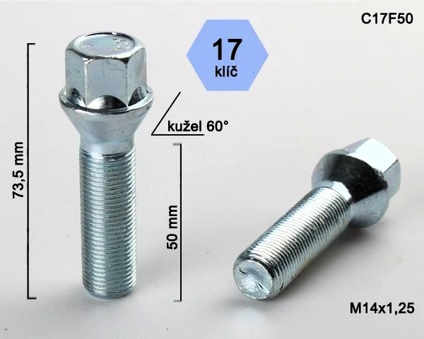 Kolový šroub M14x1,25x50mm, dosedací plocha kužel, klíč 17, pozink