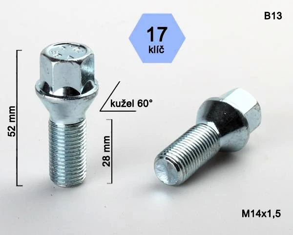 Kolový šroub M14x1,5x28mm, dosedací plocha kužel, klíč 17, pozink