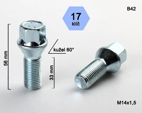 Kolový šroub M14x1,5x33mm, dosedací plocha kužel, klíč 17, pozink