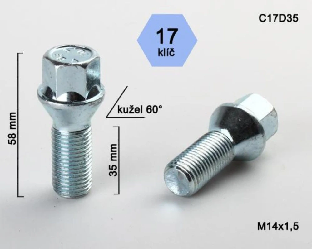 Kolový šroub M14x1,5x35mm, dosedací plocha kužel, klíč 17, pozink