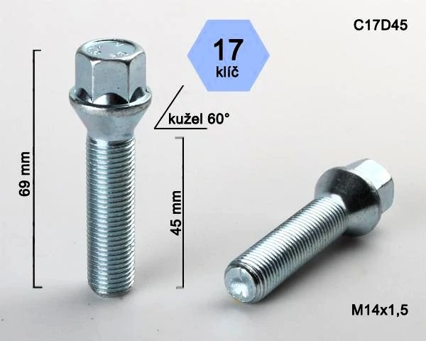 Kolový šroub M14x1,5x45mm, dosedací plocha kužel, klíč 17, pozink