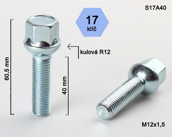 Kolový šroub M12x1,5x40 mm, dosedací plocha koule R12, klíč 17, pozink