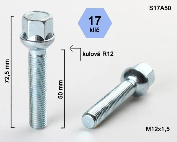 Kolový šroub M12x1,5x50mm, dosedací plocha koule R12, klíč 17, pozink