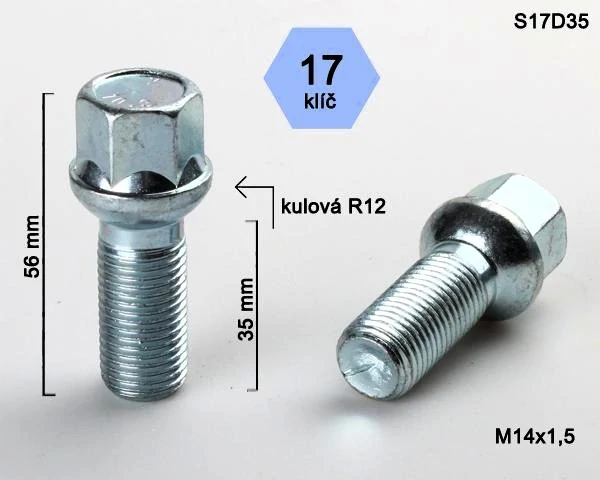 Kolový šroub M14x1,5x35mm, dosedací plocha koule R12, klíč 17, pozink