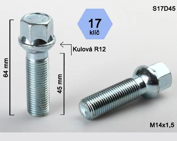 Kolový šroub M14x1,5x45mm, dosedací plocha koule R12, klíč 17, pozink