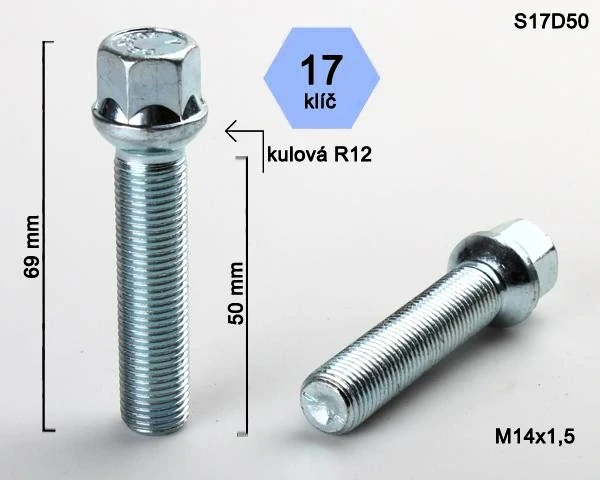 Kolový šroub M14x1,5x50mm, dosedací plocha koule R12, klíč 17, pozink