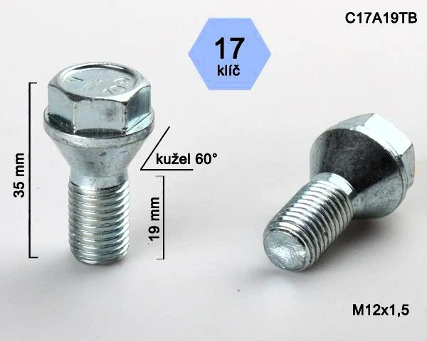 Kolový šroub M12x1,5x19mm, kužel 60° s krátkou hlavou, klíč 17, pozink