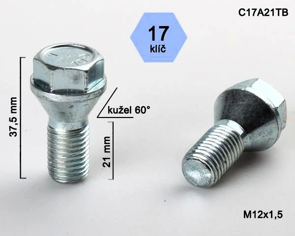 Kolový šroub M12x1,5x21mm, kužel 60° s krátkou hlavou, klíč 17, pozink