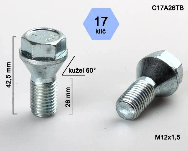 Kolový šroub M12x1,5x26mm, kužel 60° s krátkou hlavou, klíč 17, pozink