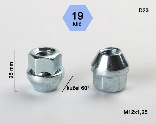 Matice na kola M12x1,25mm, dosedací plocha kužel, otevřená, klíč 19, pozink