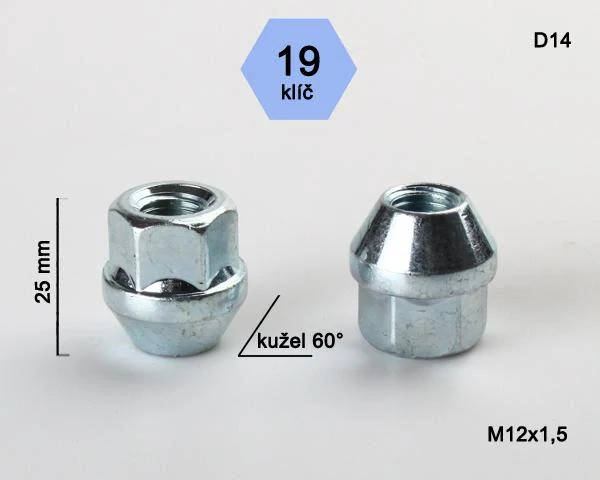 Kolová matice M12x1,5 mm, dosedací plocha kužel, otevřená, klíč 19, pozink stříbrný