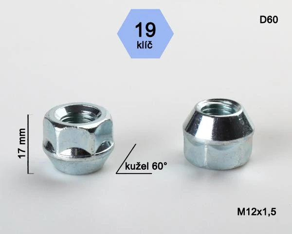 Kolová matice M12 x1,5mm, dosedací plocha kužel, otevřená, klíč 19, pozink