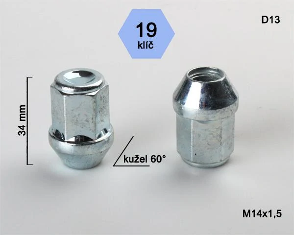 Kolová matice M14x1,5mm, dosedací plocha kužel, zavřená, klíč 19, pozink