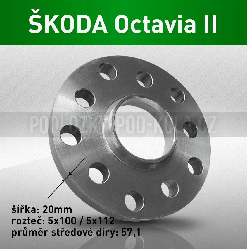 Rozšiřovací podložka ŠKODA Octavia II, šíře 20mm, rozteč 5x112, střed 57,1 - průchozí, 1ks