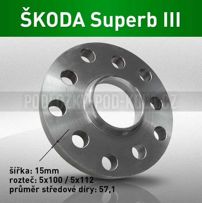 Rozšiřovací podložka ŠKODA Superb III, šíře 15mm, rozteč 5x112, střed 57,1 - průchozí, 1ks