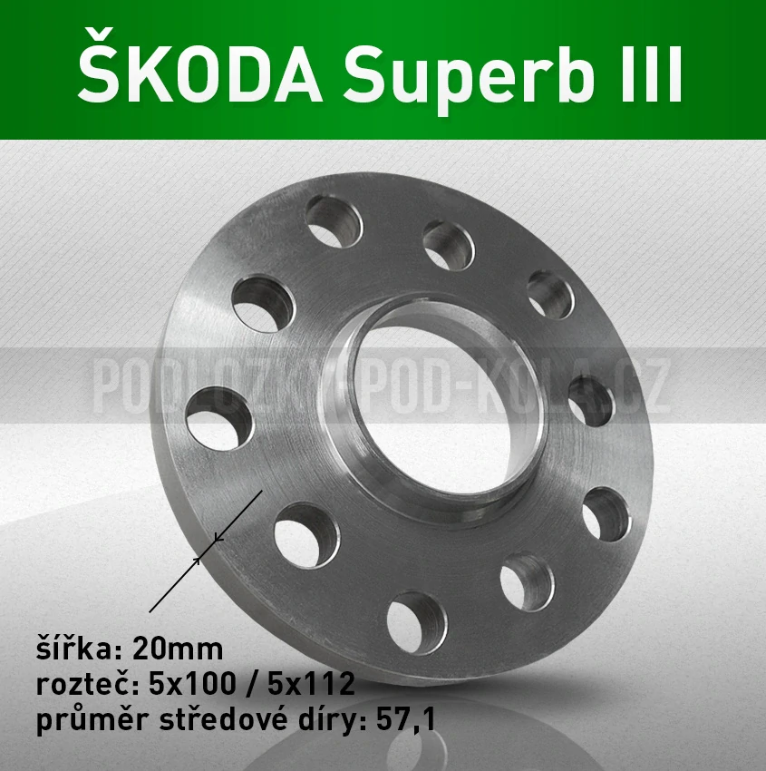 Rozšiřovací podložka ŠKODA Superb III, šíře 20mm, rozteč 5x112, střed 57,1 - průchozí, 1ks