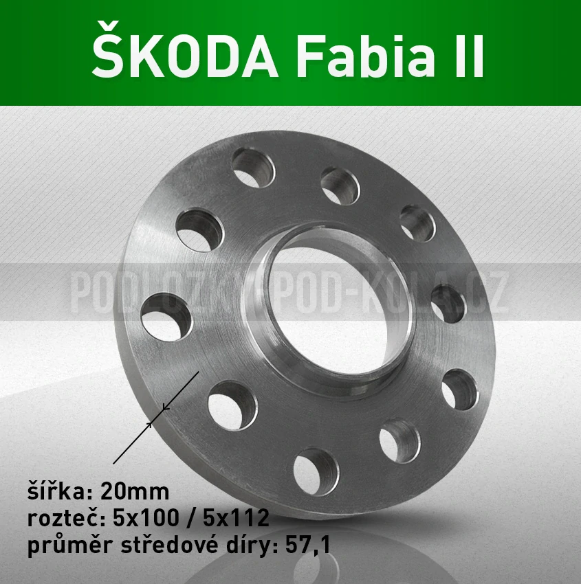 Rozšiřovací podložka ŠKODA Fabia II, šíře 20mm, rozteč 5x100, střed 57,1 - průchozí, 1ks