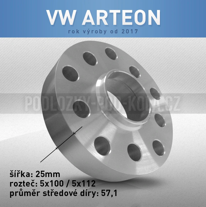 Rozšiřovací podložka VW Arteon, šíře 25mm, rozteč 5x112, střed 57,1 - průchozí, 1ks