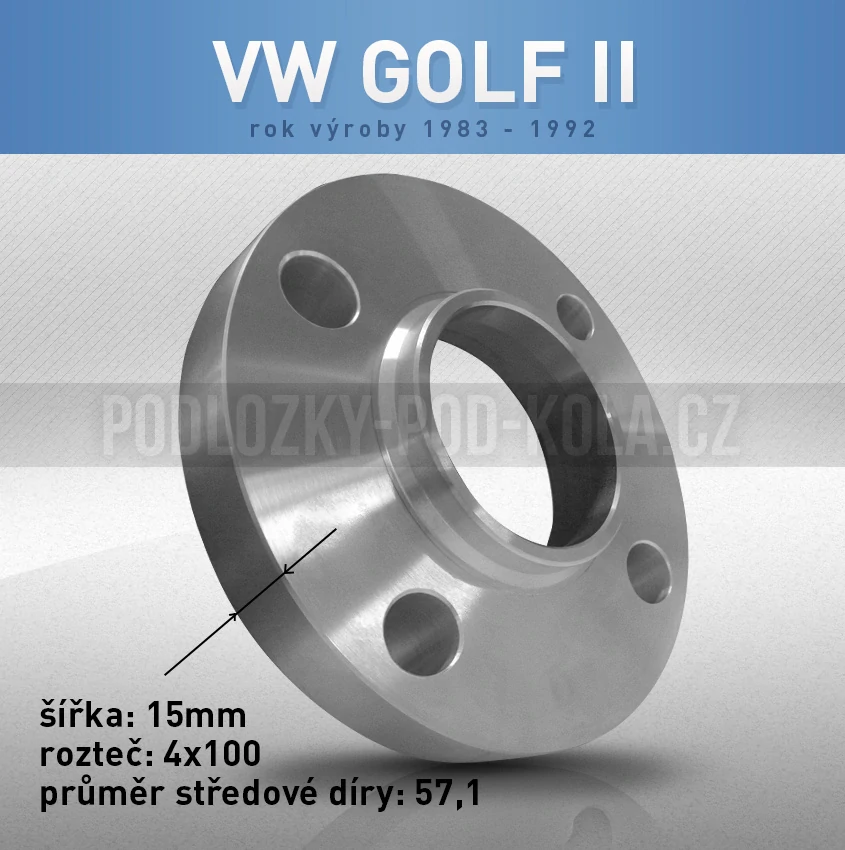 Rozšiřovací podložka VW Golf II, šíře 15mm, rozteč 4x100, střed 57,1 - průchozí, 1ks
