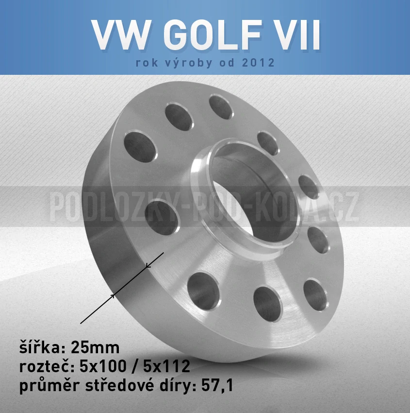 Rozšiřovací podložka VW Golf VII, šíře 25mm, rozteč 5x112, střed 57,1 - průchozí, 1ks