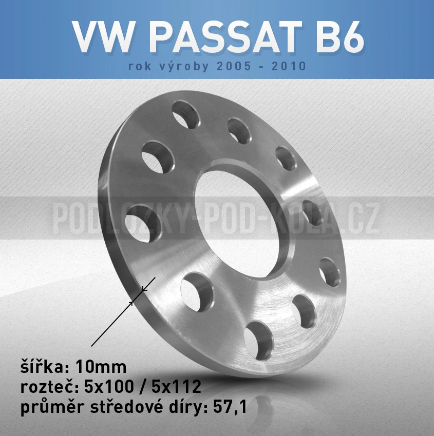 Rozšiřovací podložka VW Passat B6, šíře 10mm, rozteč 5x112, střed 57,1 - průchozí, 1ks