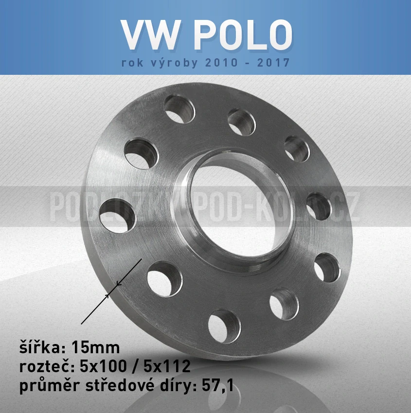 Podložka pod kola VW Polo, šíře 15mm, rozteč 5x100, střed 57,1 - průchozí, 1ks