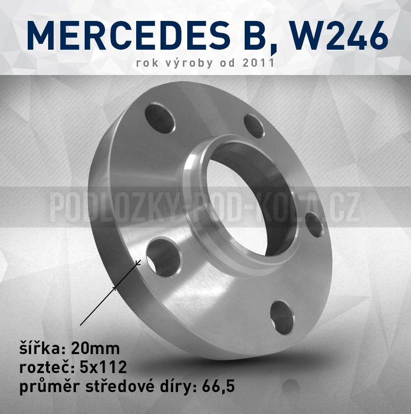 Rozšiř. podložka Mercedes B W246, šíře 20mm, rozteč 5x112, střed 66,5 - průchozí, 1ks