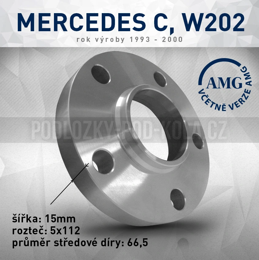 Rozšiř. podložka Mercedes C, W202, šíře 15mm, rozteč 5x112, střed 66,5 - průchozí, 1ks