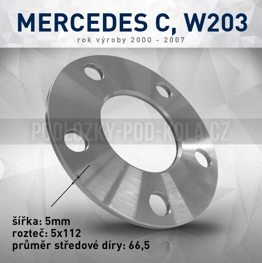 Rozšiř. podložka Mercedes C, W204, šíře 5mm, rozteč 5x112, střed 66,5 - průchozí, 1ks