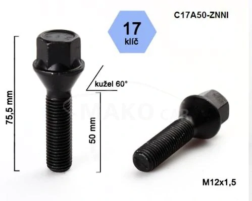 Kolový šroub M12x1,5x50mm, dosedací plocha kužel, klíč 17, černý