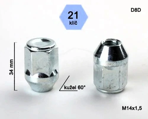 Kolová matice M14x1,5 kužel zavřená, klíč 21 (D8D) výška 34mm