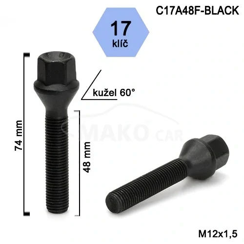 Kolový šroub M12x1,5x48mm, dosedací plocha kužel, klíč 17, černý